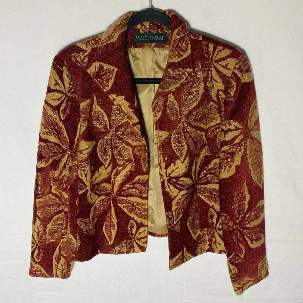 Harvé Benard Red Yellow Chenille Leaf Print Tapestry Open Front Blazer Jacket S - Picture 14 of 14